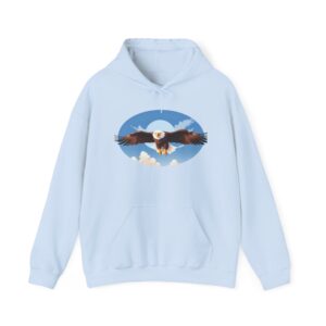 A light blue Independent Hoodie featuring a printed design of an eagle in flight with a blue sky and clouds in the background.