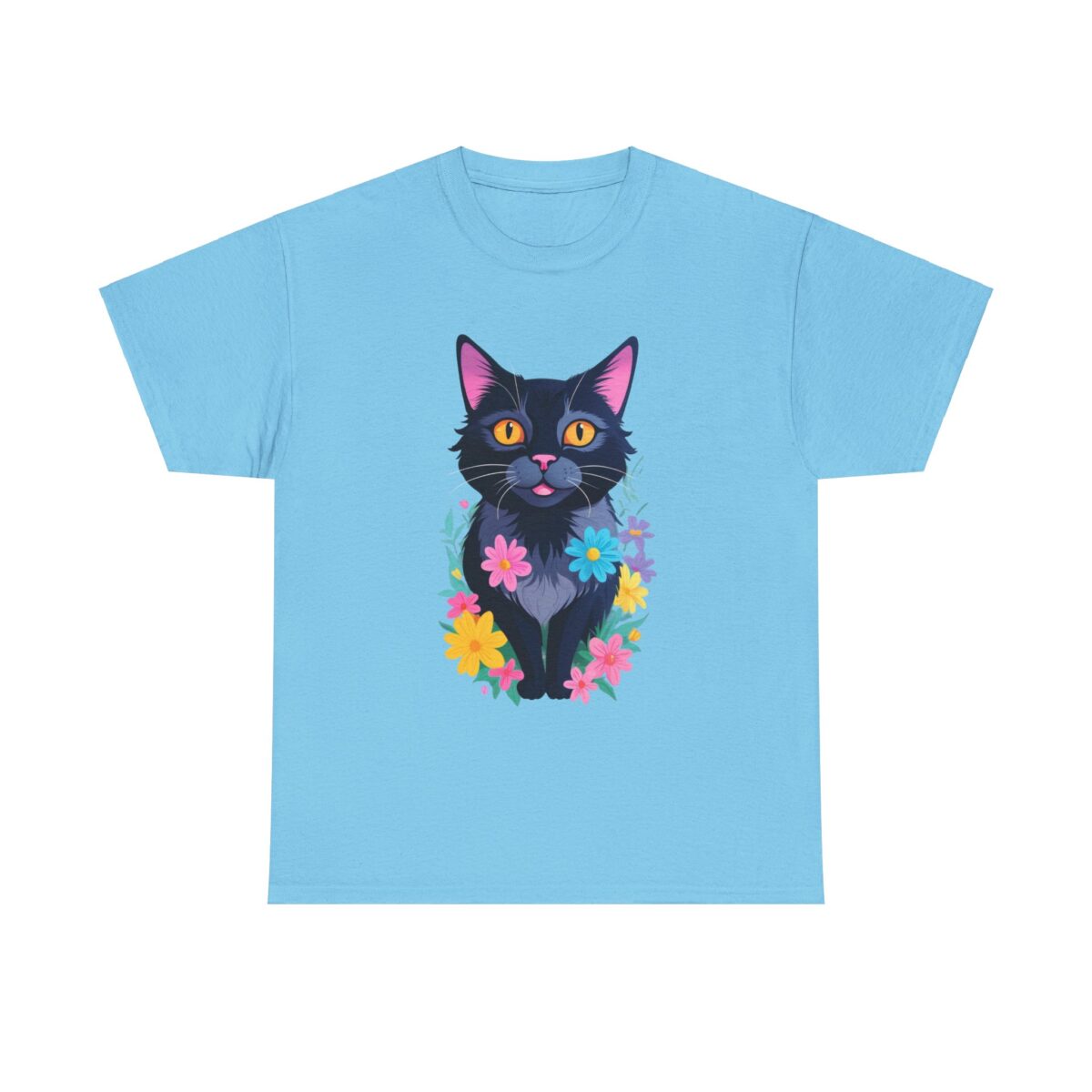 Black cat surrounded by flowers on a blue t-shirt