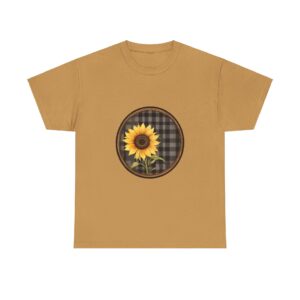 Plaid printed sunflower T-shirt with a sunflower graphic on a plaid circle design