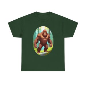 Bigfoot t-shirts featuring a bold Sasquatch design in a forest setting