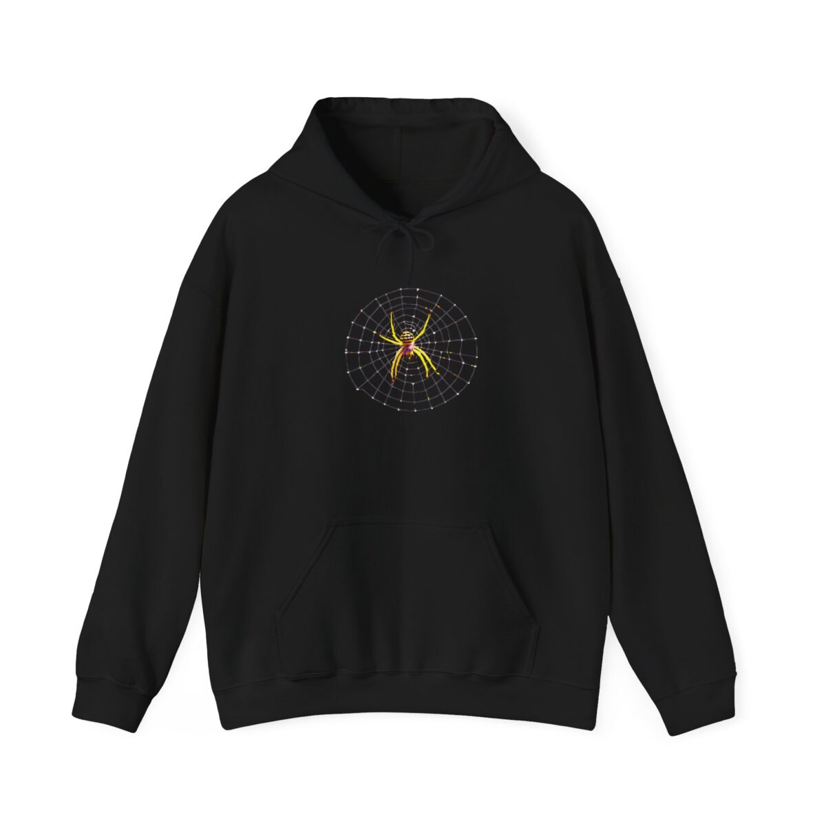 Black hoodie with bold yellow spider design in the center