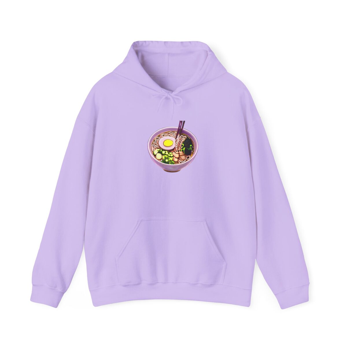 Ramen noodle hoodie with a playful ramen bowl design printed on a lavender unisex hooded sweatshirt.