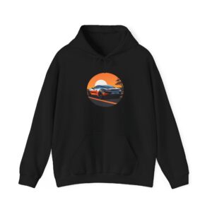 Unisex heavy blend hooded sweatshirt featuring a car graphic on a black background.