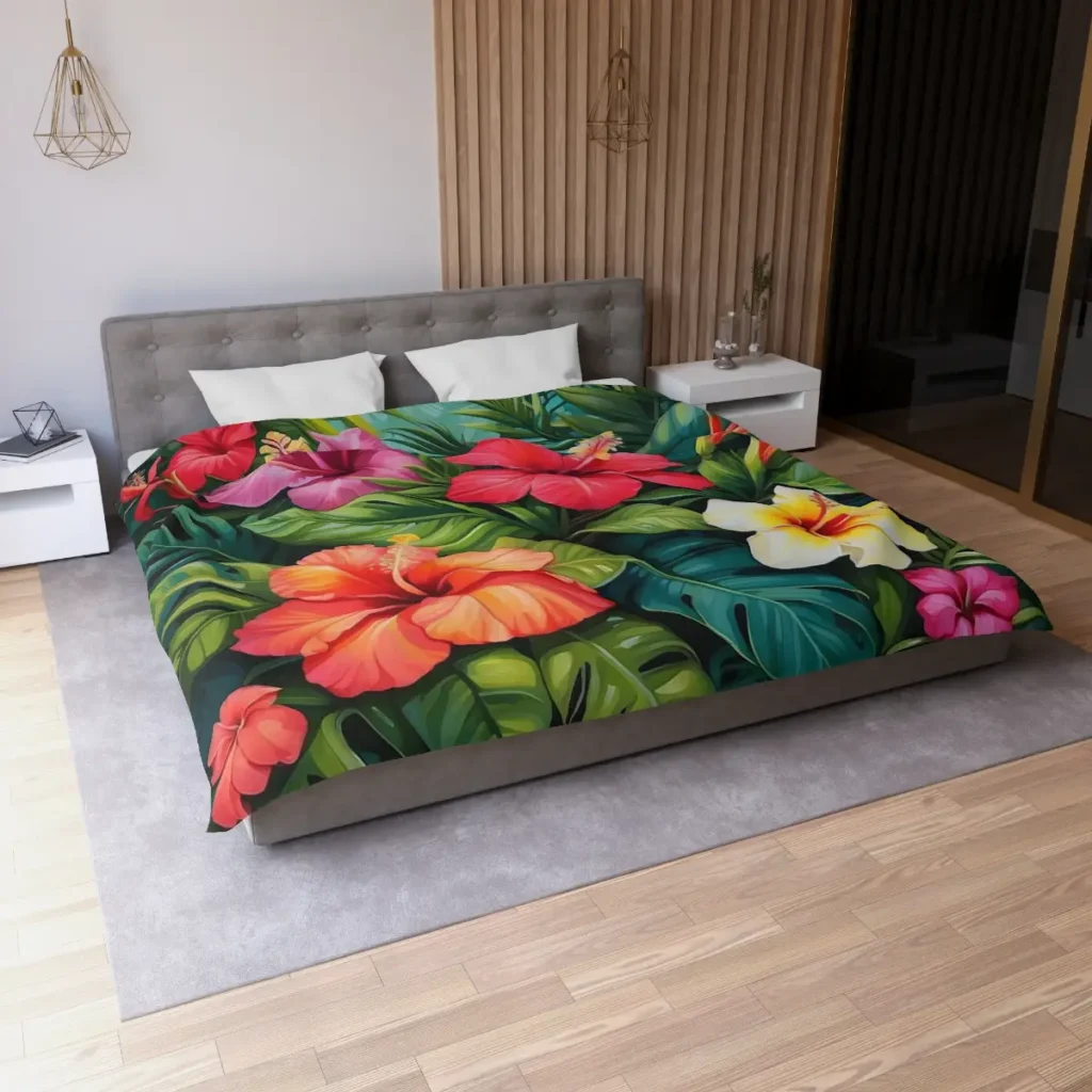 microfiber duvet cover with vibrant tropical hibiscus flowers and lush green leaves on a modern bed