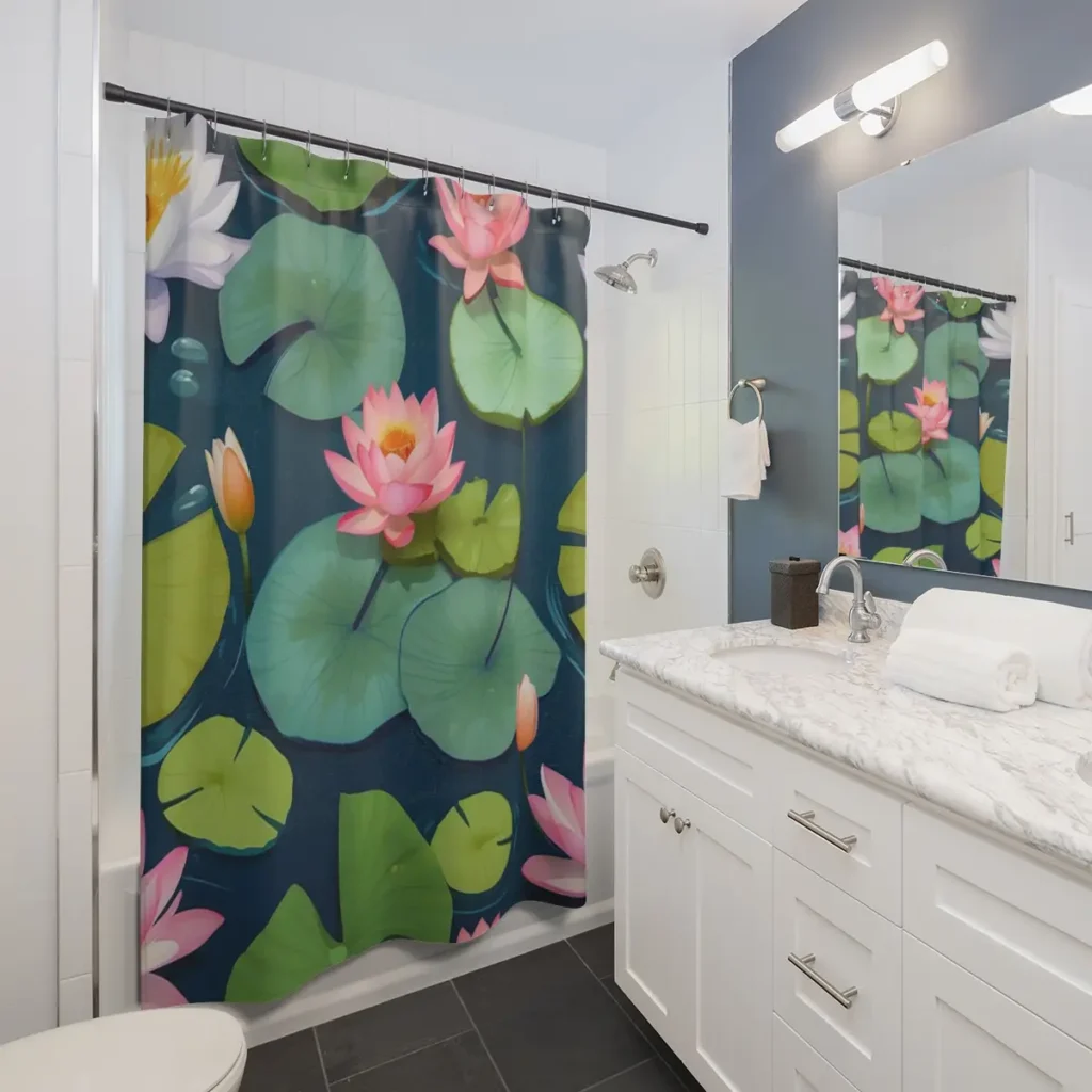 shower curtains with serene pond lily pad design in bathroom