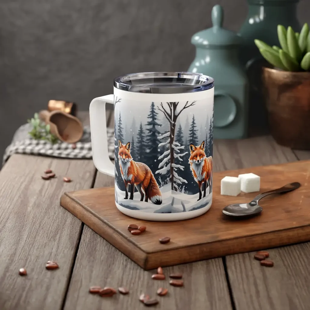 insulated coffee mug with fox design on wooden table