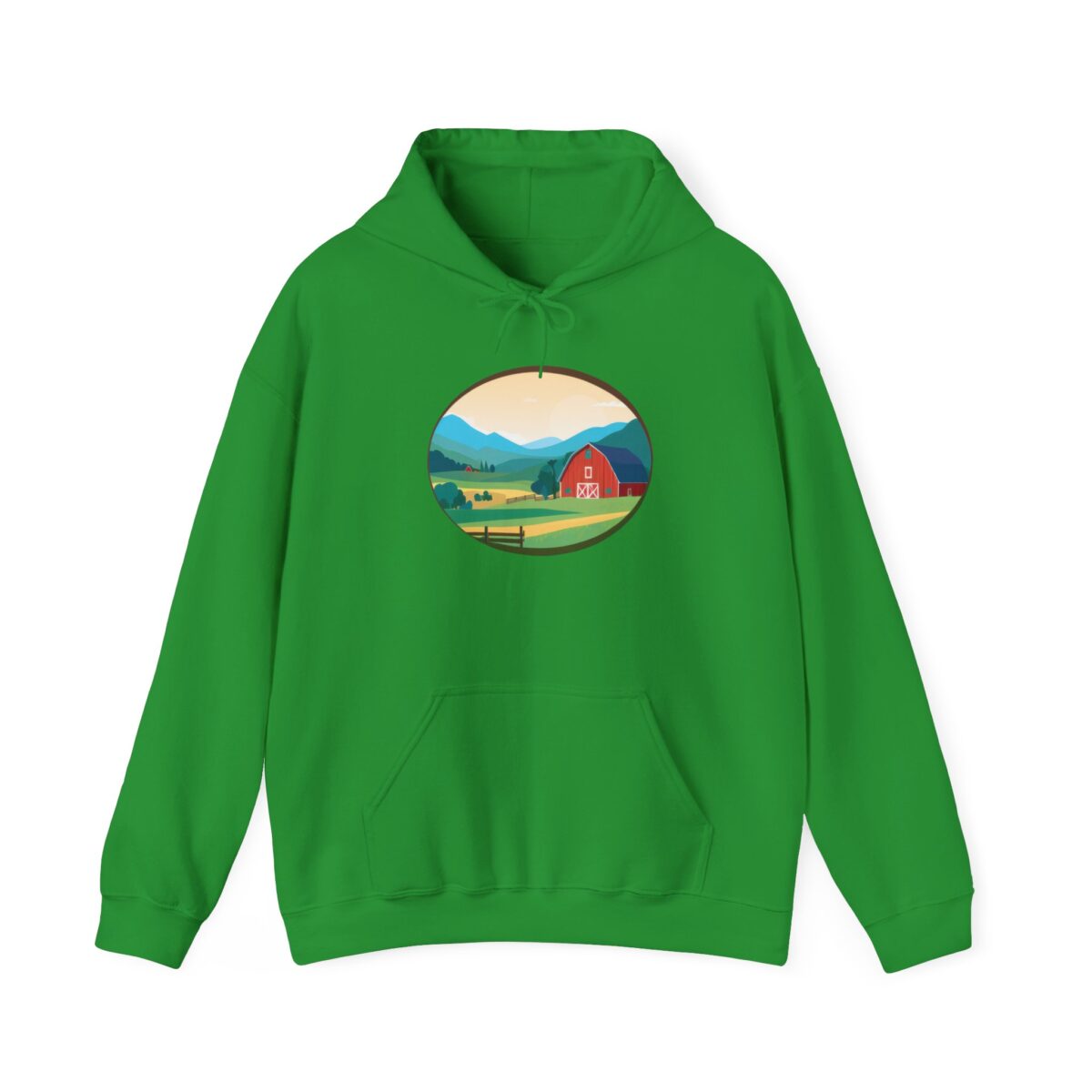 Green hoodie with a printed countryside design, featuring a barn and rolling hills, ideal for fans of rustic style.