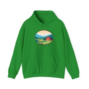 Green hoodie with a printed countryside design, featuring a barn and rolling hills, ideal for fans of rustic style.