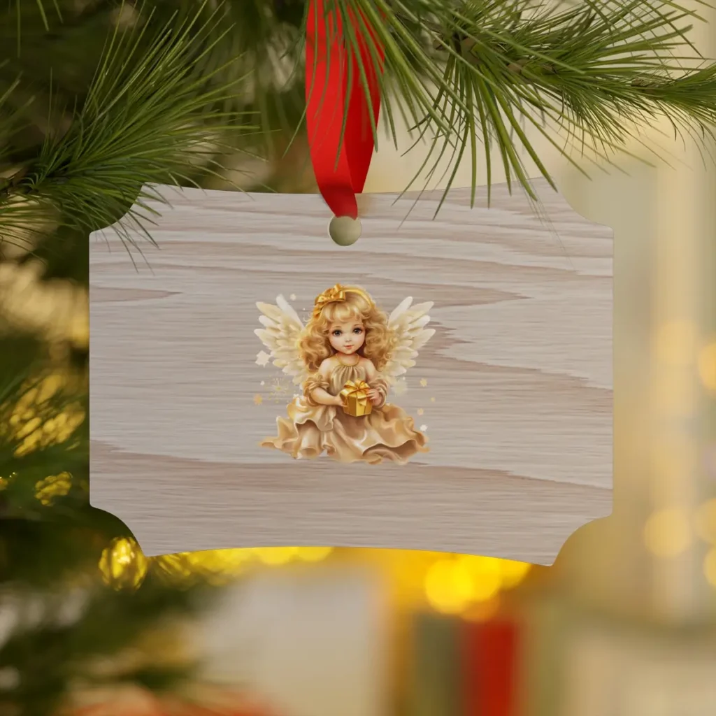 plywood ornament with angel design hanging on a Christmas tree