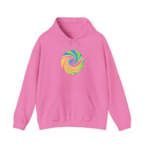 Vibrant tie dye hoodie with colorful swirl design on a pink background.