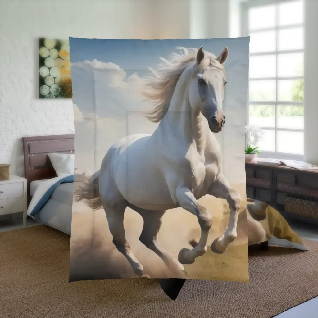 omforter featuring a majestic white horse running through a sandy landscape in a bright, sunlit room