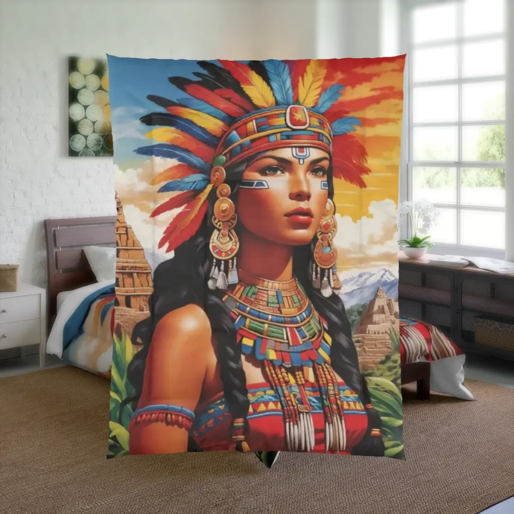 comforter featuring a vibrant Inca design with a woman in traditional attire and colorful feather headdress, set against an ancient temple backdrop