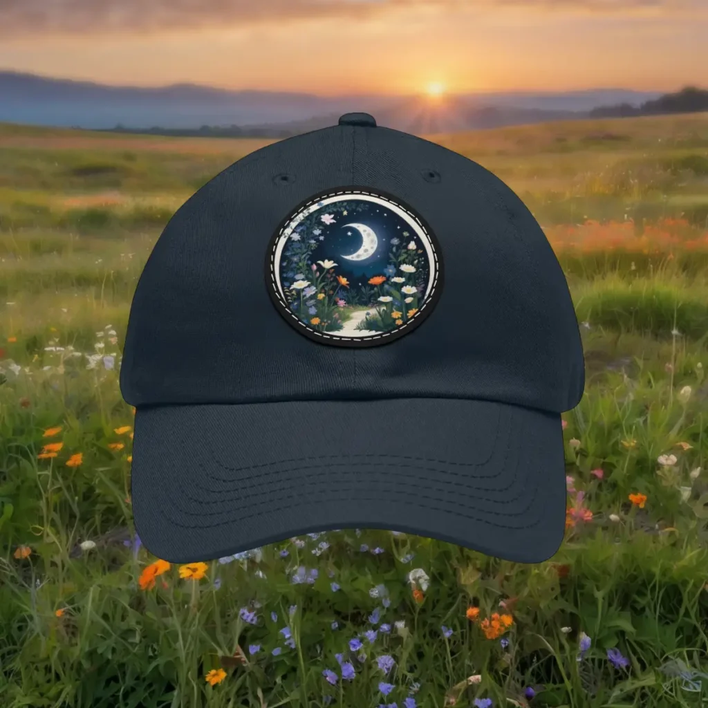 Close-up of a navy happy dad hat with a printed moon and floral design against a sunset background