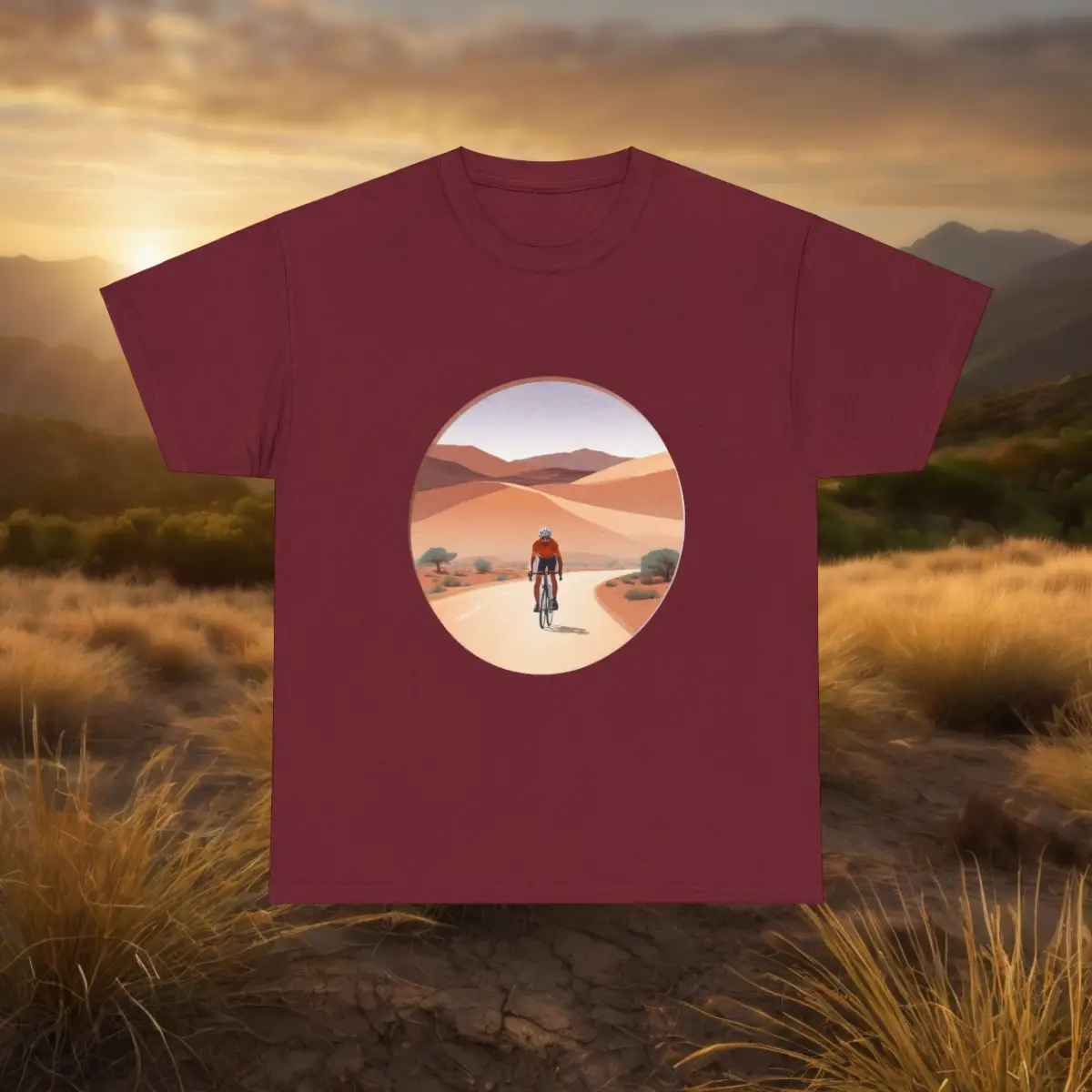 Morocco cycling t shirt featuring a maroon t-shirt with a cyclist riding through a desert landscape with dunes and a sunset background