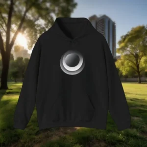 Active cotton black womens hoodie displayed outdoors in a park with trees and sunlight.