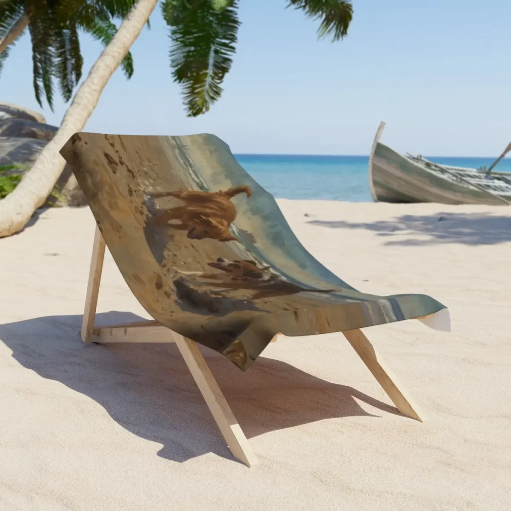 beach towel with dog design on wooden chair by the sea