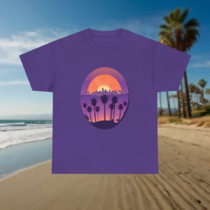 ats Los Angeles t shirt with sunset design featuring palm trees and city skyline on a beach background