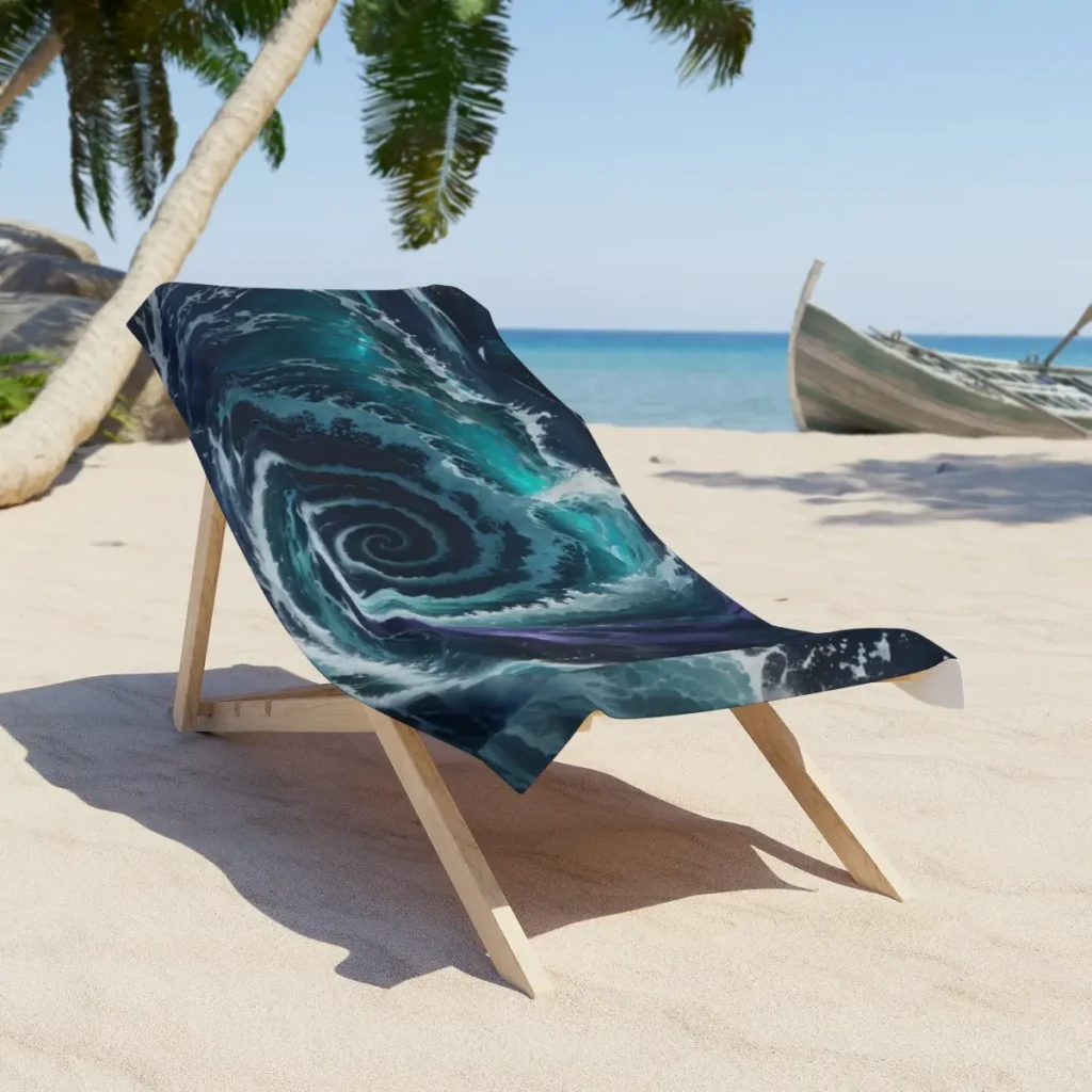 ocean beach towel on a wooden chair by the shore