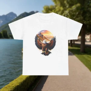 Eagle t shirt designs for ejms with an eagle graphic featuring outstretched wings and a mountain landscape in the background