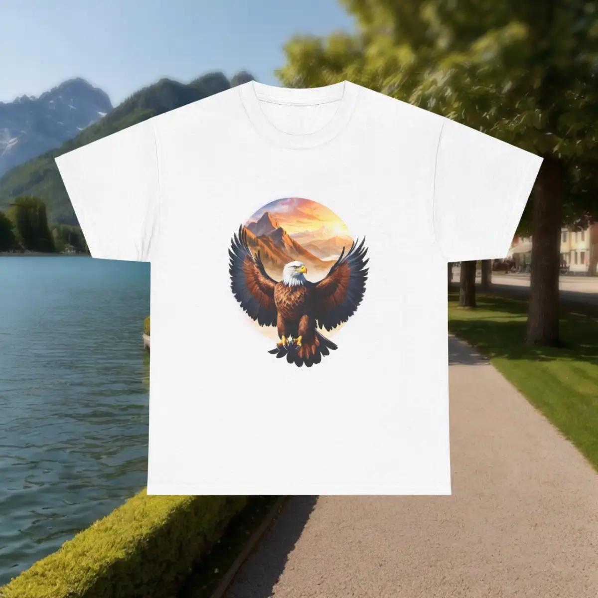 Eagle t shirt designs for ejms with an eagle graphic featuring outstretched wings and a mountain landscape in the background