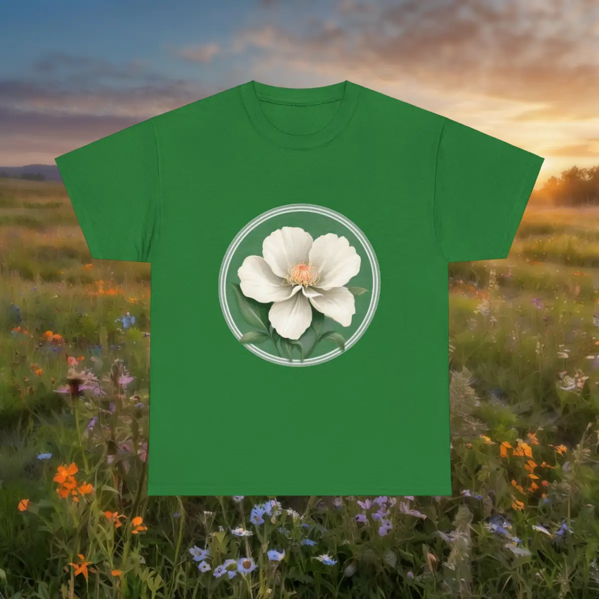 T-shirt description of a flower with a green t-shirt featuring a white flower design with soft petals and green leaves in a circular frame