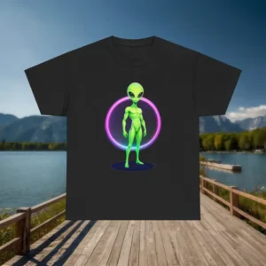 Black t-shirt with green alien and neon ring design