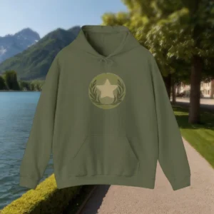 Army green hoodie with star and laurel emblem, displayed flat outdoors