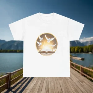 White t-shirt with Bible and doves illustration