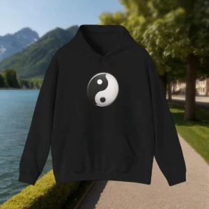 Black hoodie with central yin-yang symbol in white and black