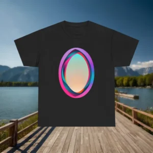 Black t-shirt with a colorful abstract oval design laid flat on a dock with lake and mountain in the background