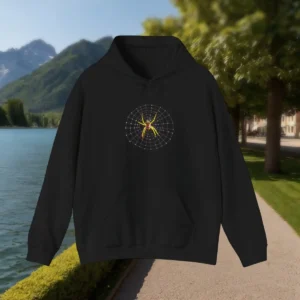 Flat-lay of black hoodie with a yellow spider on a white spiderweb graphic