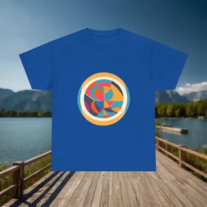 Blue t-shirt with a colorful abstract circular design displayed on a wooden dock with a scenic lake background