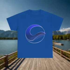 Blue t-shirt with a shiny abstract circle and wave design displayed on a dock with scenic lake background