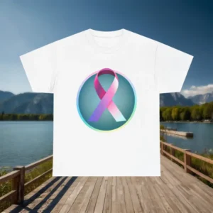 Flat lay of white t-shirt with cancer awareness ribbon on blue background by the lake