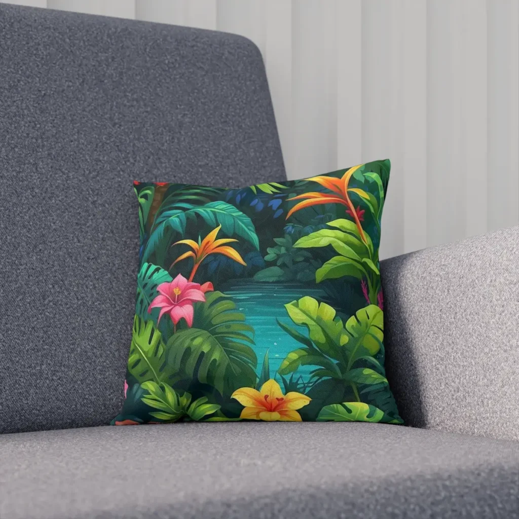 tropical cushion with vibrant jungle design featuring colorful flowers and lush green leaves on a grey sofa