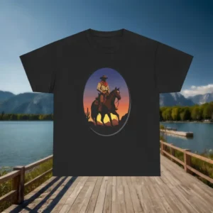 Black t-shirt with cowboy riding horse at sunset design