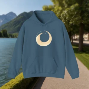 Blue hoodie with cream swirl logo displayed on the front