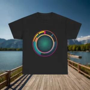 Black t-shirt with abstract circular cropped design in vibrant colors