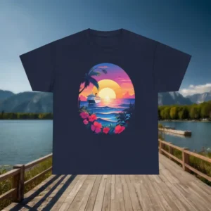 Navy t-shirt with cruise ship, ocean sunset, palm trees and flowers
