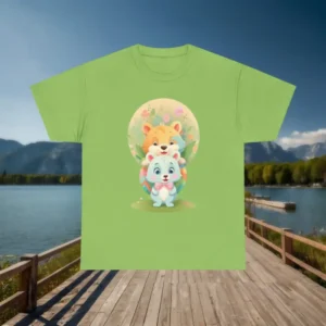 Green t-shirt with cute cartoon bear family