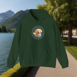 Green hoodie with golden retriever illustration on the chest – front view