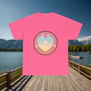 lat view of Dog Mom pink T-shirt with heart and paw print design