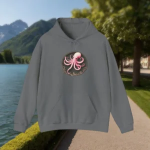 Grey hoodie with pink octopus graphic in a circular frame – front view