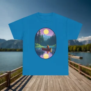 Blue t-shirt with peaceful lake fishing design laid flat