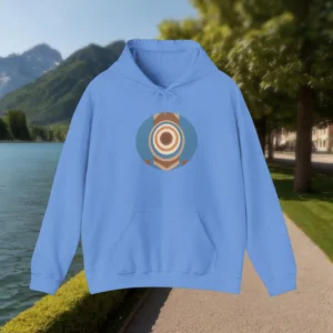 Light blue hoodie laid flat with target-style circular graphic in brown and blue tones