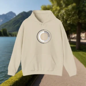 Beige hoodie laid flat with a split circular graphic design in grey and white