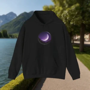 Black hoodie laid flat with a purple moon and night sky scene on the front