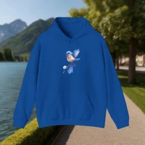 Blue hoodie with baby blue bird and flower branch graphic laid flat