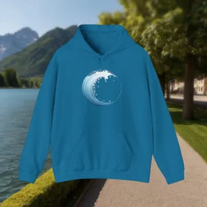 Blue hoodie laid flat with a circular white wave print in the center