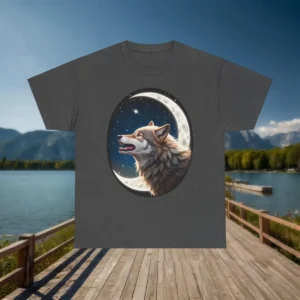 Flat lay of a charcoal grey t-shirt with a stylized wolf in front of a moon and stars